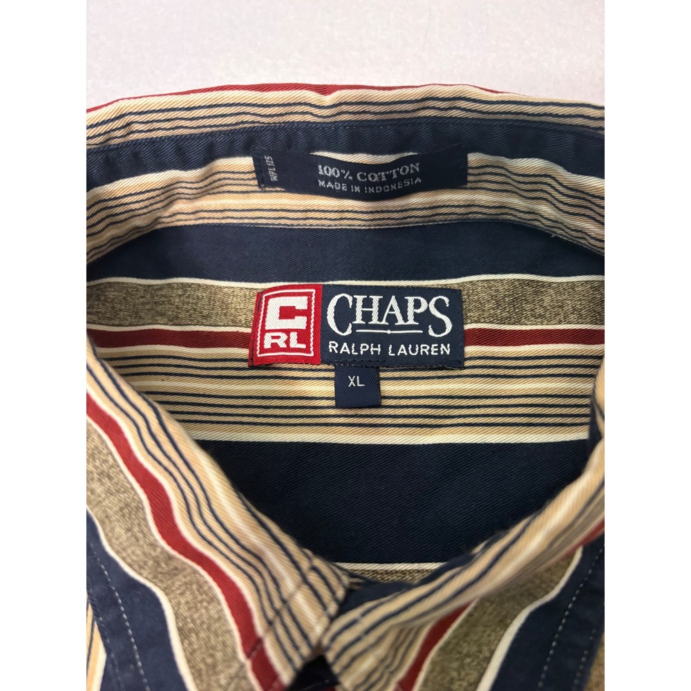 Chaps Ralph Lauren Mens XL Long Sleeve Striped Button Down Shirt Navy Tan Red - Picture 5 of 10